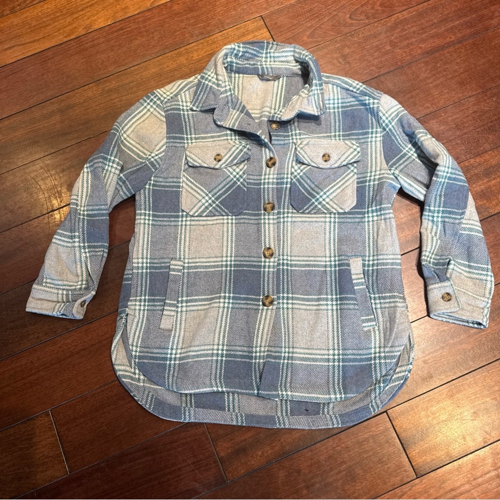 Blue | Gray | Teal Warm Flannel Plaid Shacket w/ Pockets Sz  Large Long Oversize